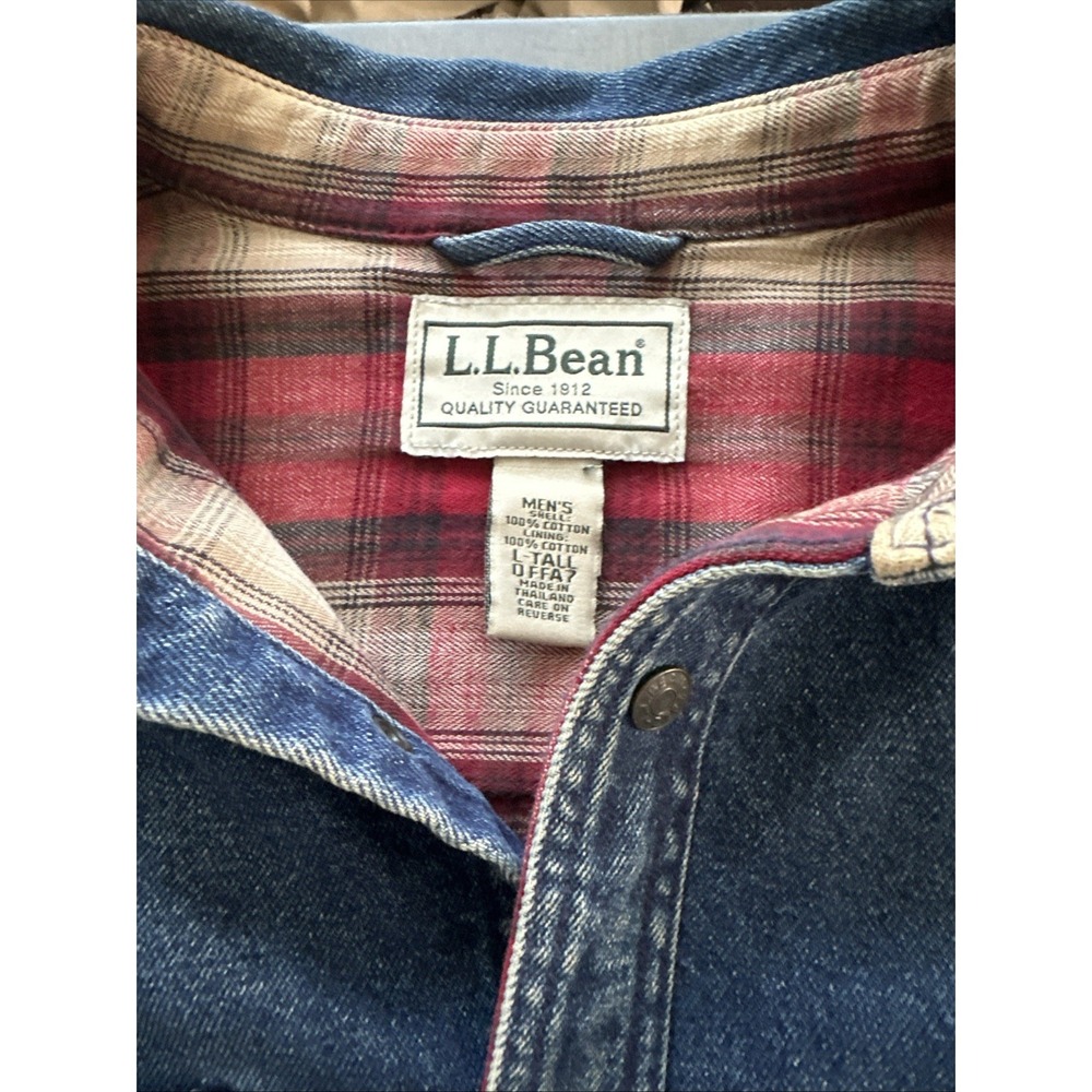 Vintage L.L. BEAN Mens Sz Large Denim Shacket Red Plaid Lined Shirt Heavyweight - Picture 2 of 7